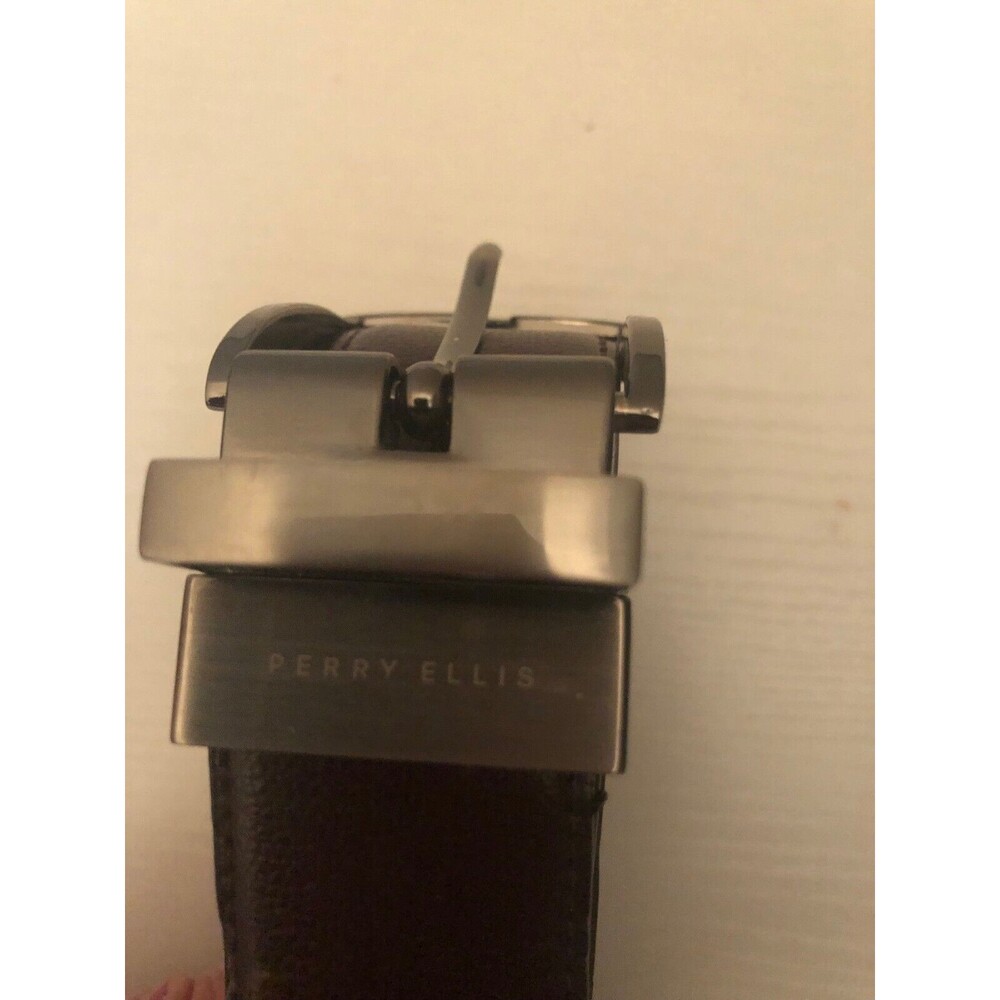 Perry Ellis Men Brown‎ Black Genuine Leather Reversible Buckle Dress Belt 38